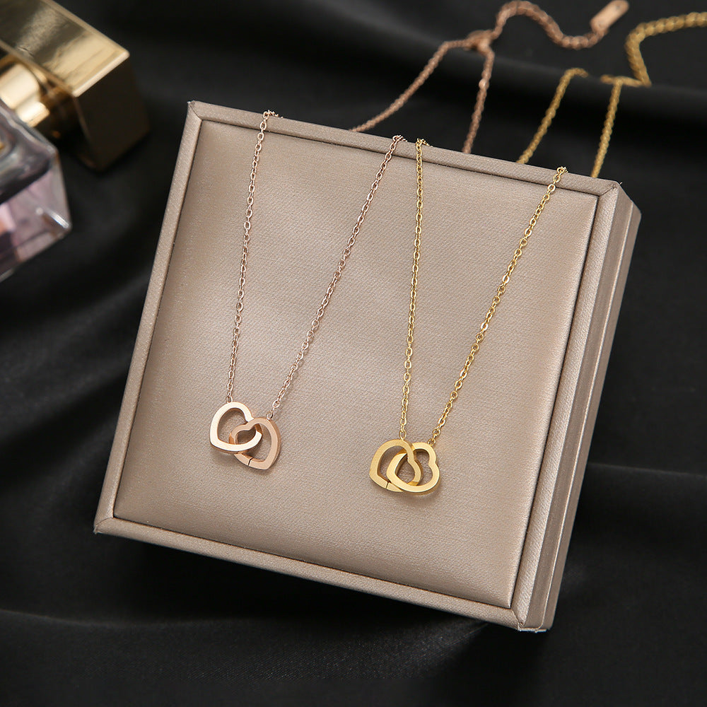 Korean version of 18k gold simple double-ring love clavicle chain titanium steel non-fading Internet celebrity necklace niche ins jewelry wholesale