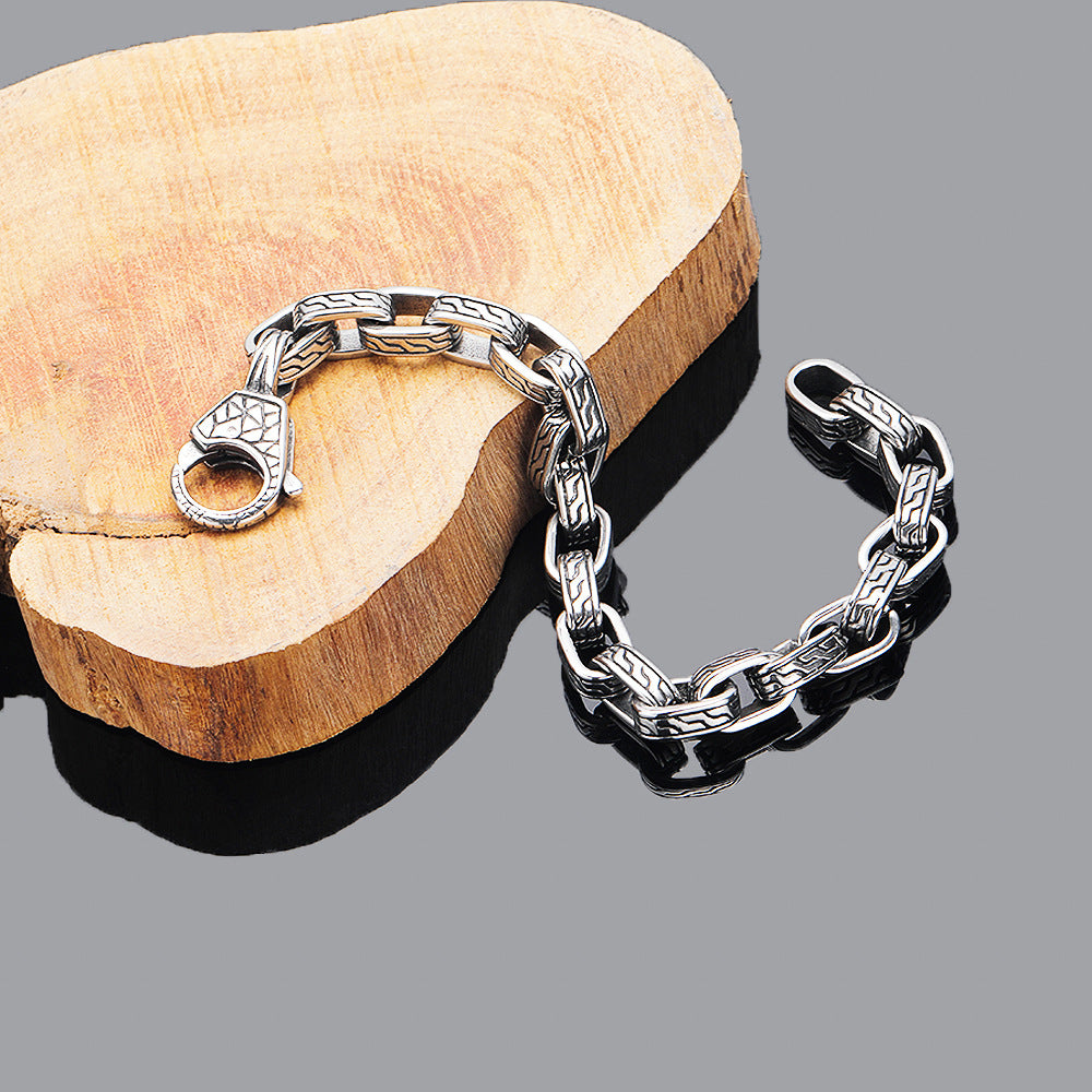 European and American cross-border hot-selling heavy-duty hip-hop men's titanium steel bracelet, trendy and cool personality retro pattern hand jewelry, direct sales