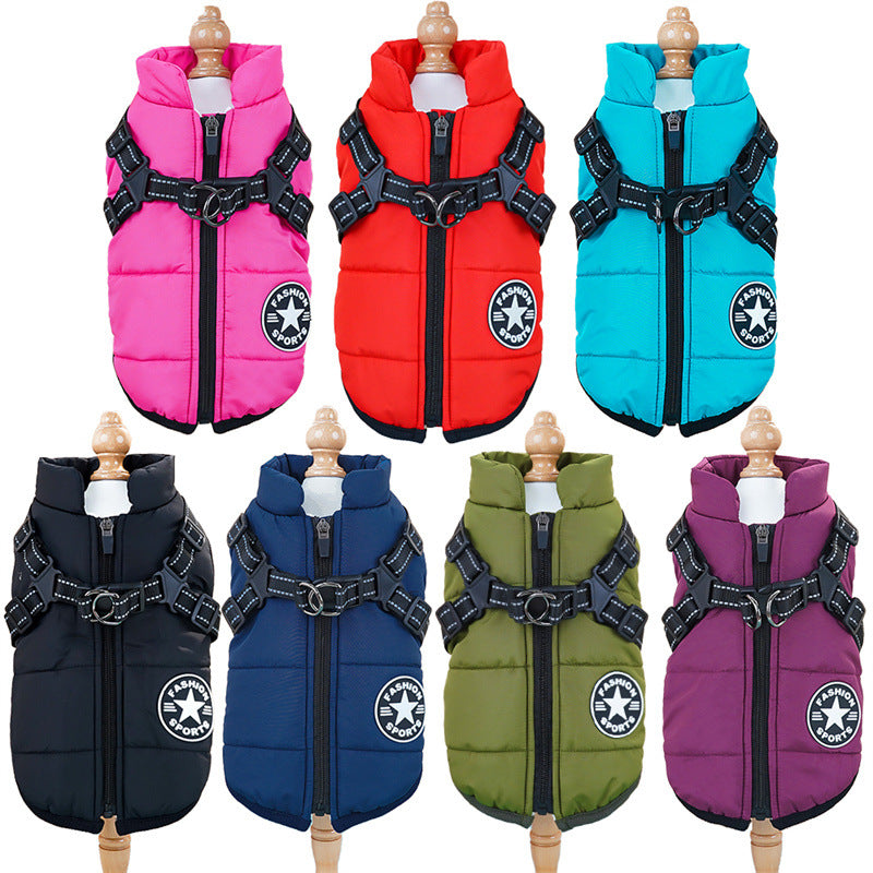 Pet clothes cross-border waterproof thick warm dog cat cotton coat winter chest back cotton vest supplies wholesale