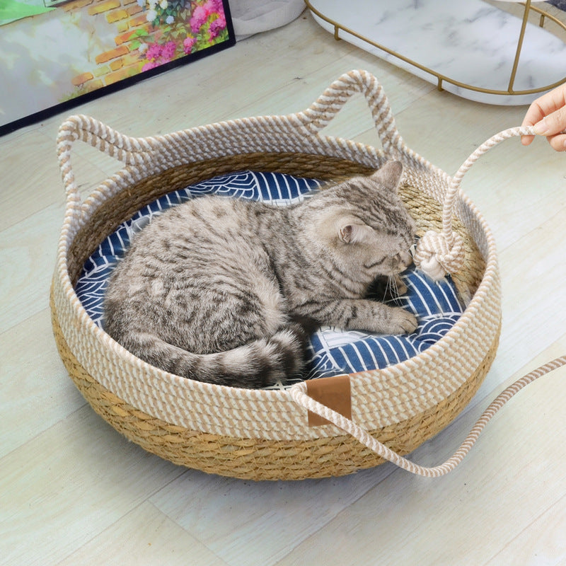 Universal straw woven winter warm cat bed cat grass woven cat supplies four seasons super large pet bed spot cross-border