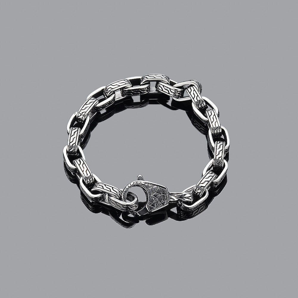 European and American cross-border hot-selling heavy-duty hip-hop men's titanium steel bracelet, trendy and cool personality retro pattern hand jewelry, direct sales
