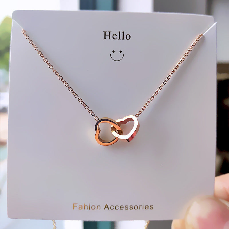 Korean version of 18k gold simple double-ring love clavicle chain titanium steel non-fading Internet celebrity necklace niche ins jewelry wholesale