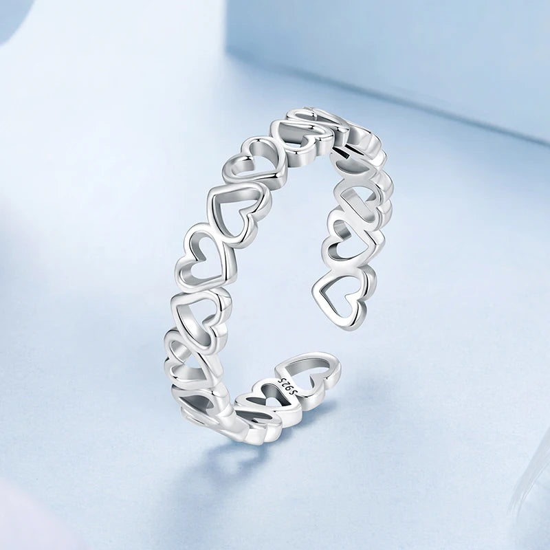 WOSTU 925 sterling Silver Hollow Heart Open Ring Jewelry Lovely Heart-shaped Stackable Rings Gift For Mom