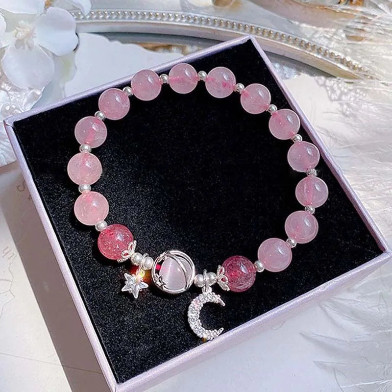 Fashion Crystal Opal Beaded Bracelet for Women Girls Sweet Star Moon Chain Pendant Charm Bracelets Wristband Jewelry Party Gifts