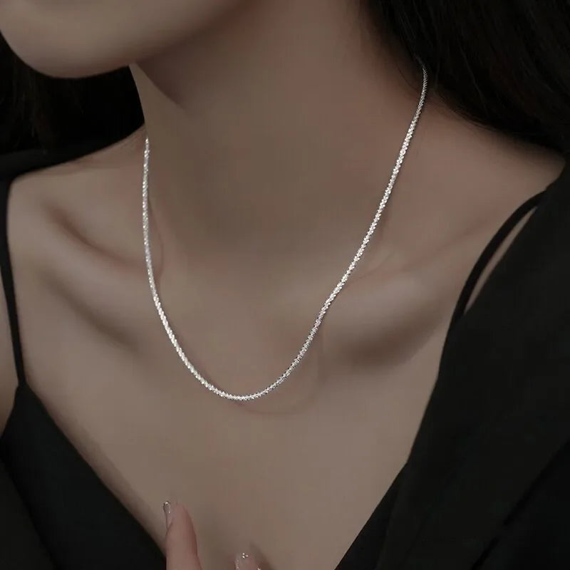 Authentic S925 Sterling Silver Necklace – 2mm Sparkling Collarbone Sweater Chain | Elegant Jewelry Gift for Women