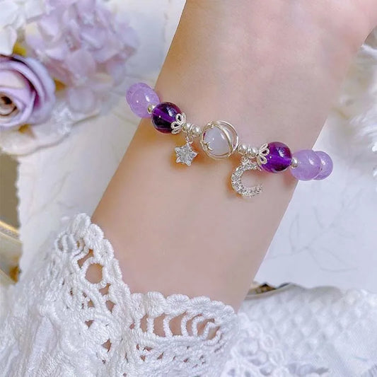 Fashion Crystal Opal Beaded Bracelet for Women Girls Sweet Star Moon Chain Pendant Charm Bracelets Wristband Jewelry Party Gifts