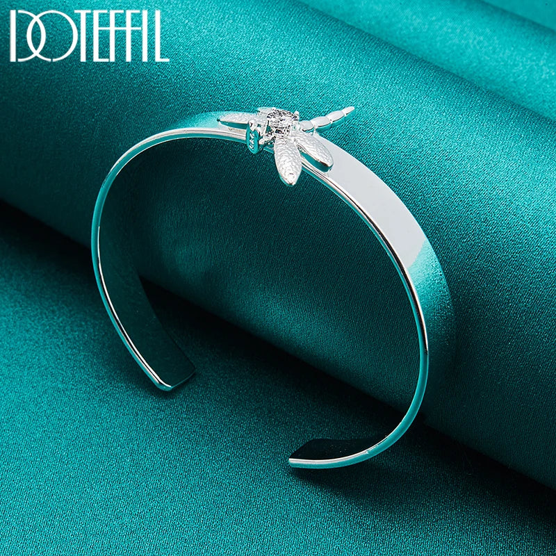 DOTEFFIL 925 Sterling Silver Dragonfly Bangle Bracelet – Smooth Charm Cuff for Women & Men | Wedding, Engagement, Party Jewelry