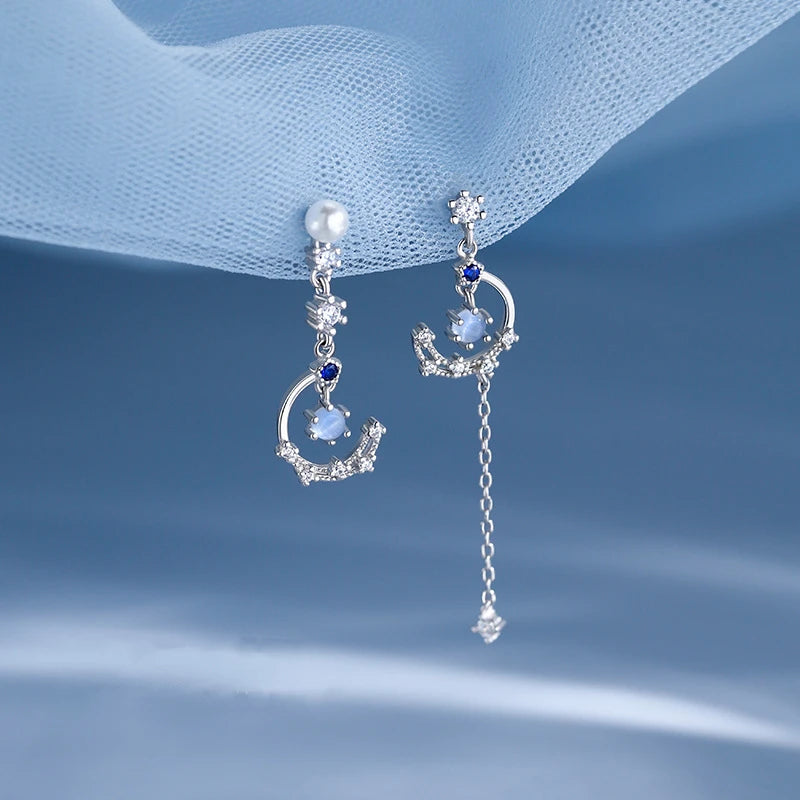 Korean Light Luxury Zircon Moon & Star Asymmetric Stud Earrings – Crystal Cloud Pearl Earrings for Women & Girls