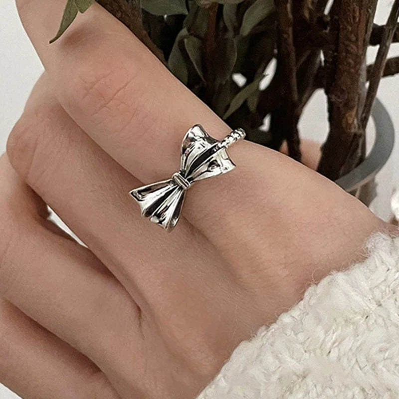 PANJBJ 925 Sterling Silver Bowknot Heart Ring – Adjustable Romantic Minimalist Jewelry Gift for Women
