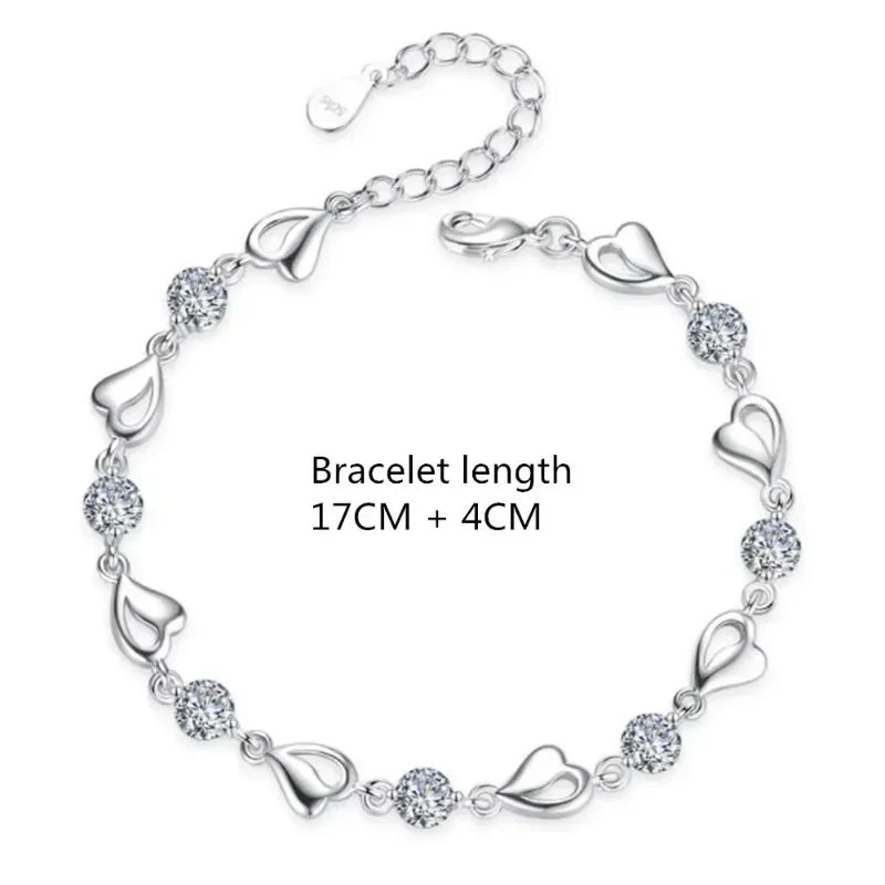 925 Sterling Silver Heart Necklace & Bracelet Set – Vintage Korean Blue Crystal Jewelry for Women | Party Gift Set