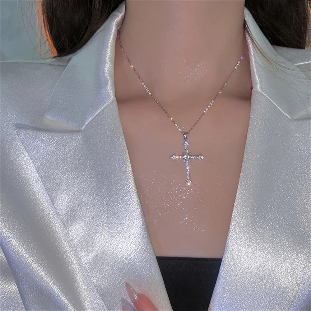 Elegant Crystal Cross Pendant Necklace – Silver Color Star Necklace for Women | Fashion Party Jewelry Gift Wholesale