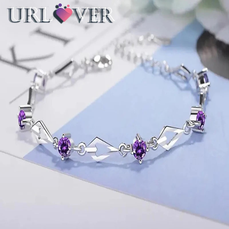 URLOVER 925 Sterling Silver Fashion Women Bracelets Purple Zircon Charm Bracelet Fine Jewelry Accessories Gift For Wedding Party