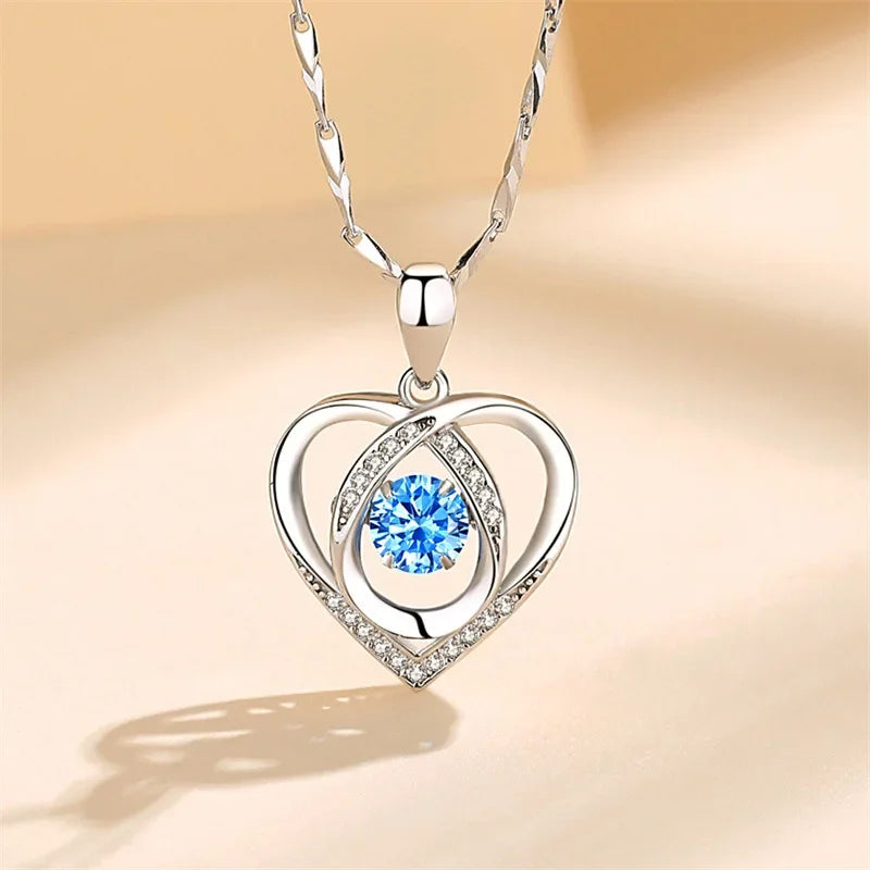 925 Sterling Silver Heart Necklace & Bracelet Set – Vintage Korean Blue Crystal Jewelry for Women | Party Gift Set
