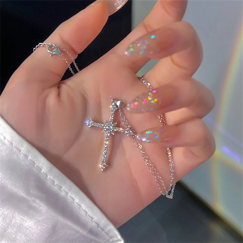 Elegant Crystal Cross Pendant Necklace – Silver Color Star Necklace for Women | Fashion Party Jewelry Gift Wholesale