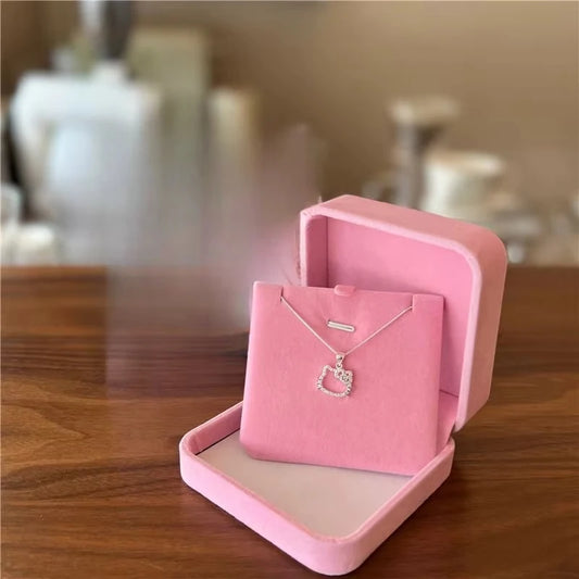 Lovely Hello kitty Sanrio Anime Kids Chain Necklace Cute Cartoon Hollowed Kitty Crystal Ring for Women Girls Birthday Gift