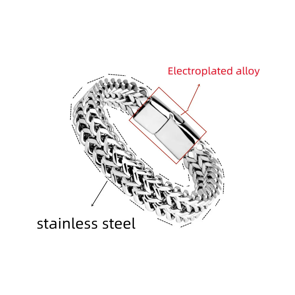 Stainless Steel Braided Magnetic Bracelet – Double Row Fish Scale Design with Alloy Keel Clasp | Men's Industrial Style Jewelry