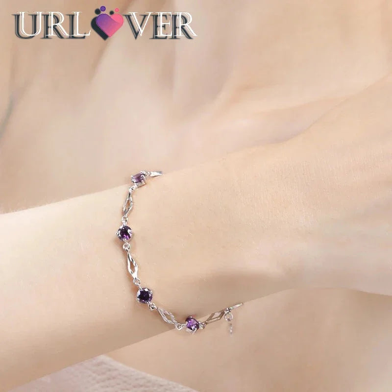 URLOVER 925 Sterling Silver Fashion Women Bracelets Purple Zircon Charm Bracelet Fine Jewelry Accessories Gift For Wedding Party