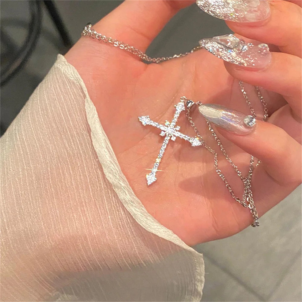 Elegant Crystal Cross Pendant Necklace – Silver Color Star Necklace for Women | Fashion Party Jewelry Gift Wholesale