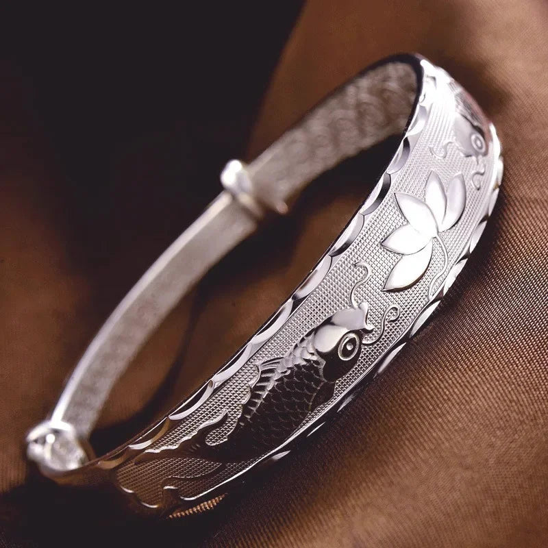 Luxury 925 Sterling Silver Pisces play lotus bracelets Bangles for women fashion party wedding designer jewelry Holiday gifts