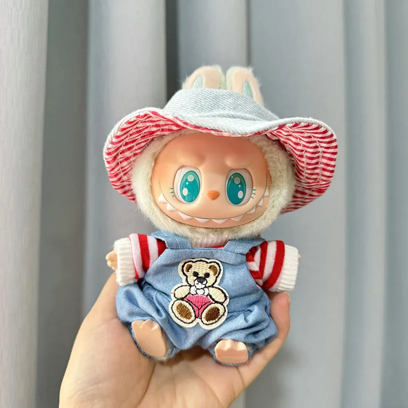 Mini Plush Doll Clothes – Labubu II Idol Jumpsuit Outfit Bib Pants for 17cm Dolls | Xmas, Party, Sitting Accessories (No Doll)