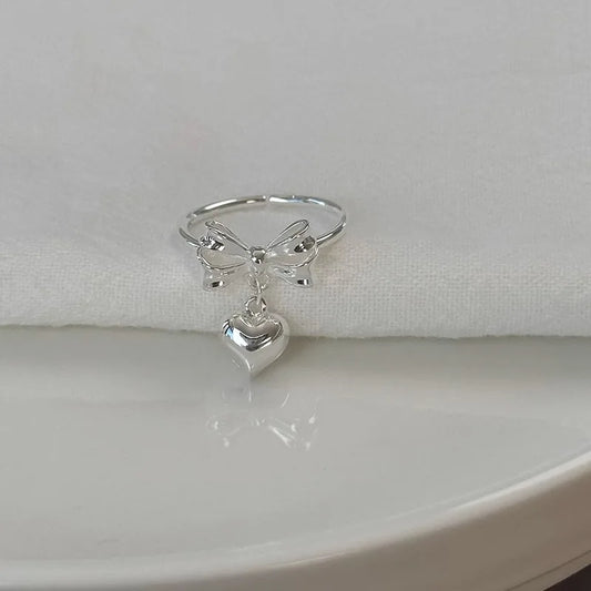 PANJBJ 925 Sterling Silver Bowknot Heart Ring – Adjustable Romantic Minimalist Jewelry Gift for Women