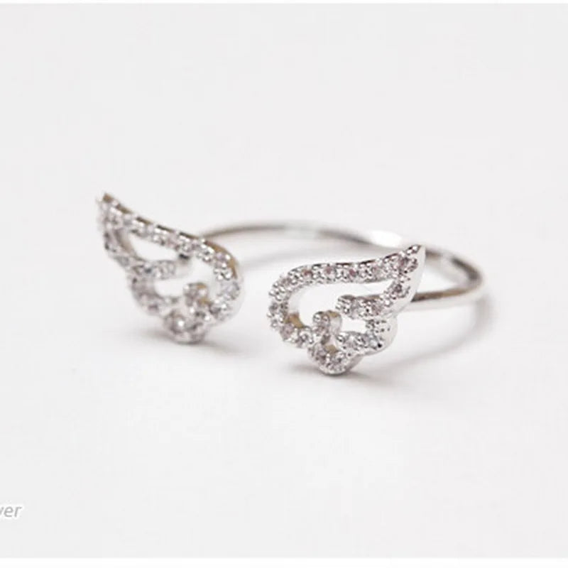 Korean Style Angel Wings Adjustable Ring – Silver Color Rhinestone Finger Jewelry for Women, Party & Birthday Gift