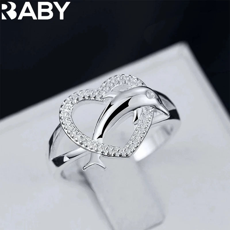 925 Sterling Silver Dolphin Heart Ring – Romantic Love Couple Ring for Women | Wedding & Party Gift Jewelry