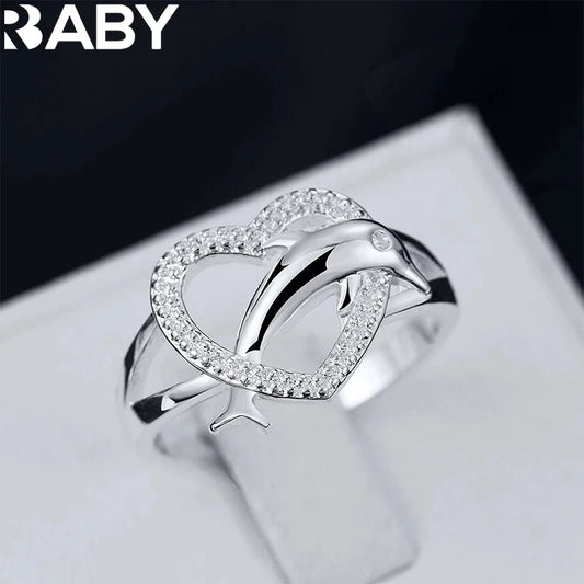 925 Sterling Silver Dolphin Heart Ring – Romantic Love Couple Ring for Women | Wedding & Party Gift Jewelry