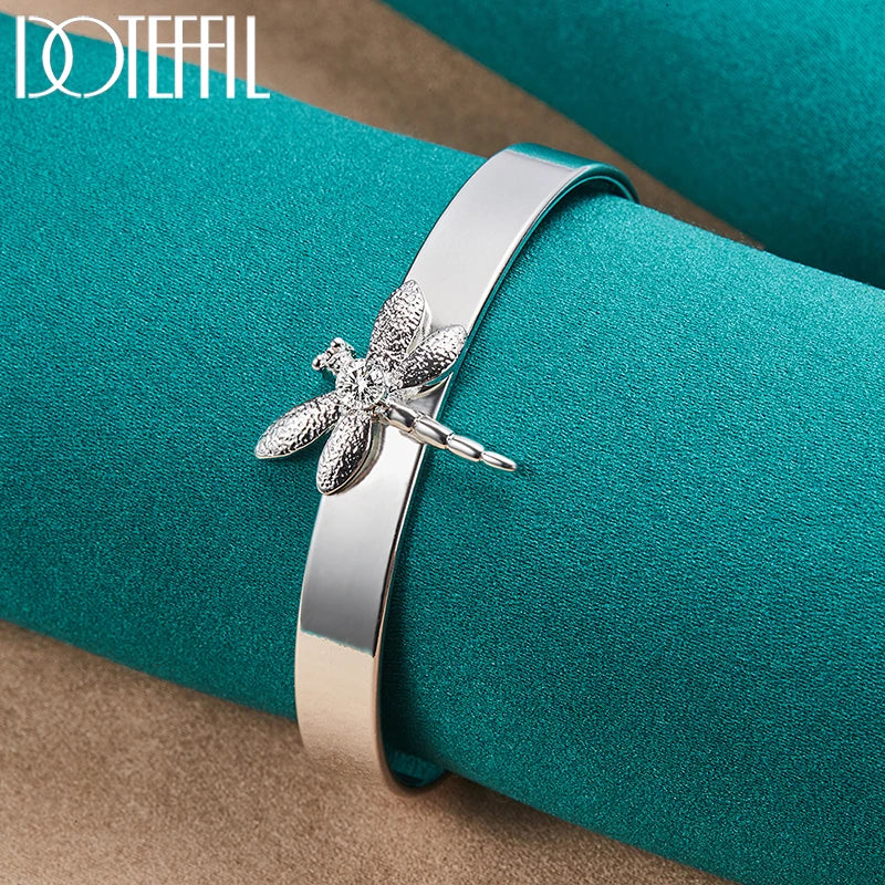 DOTEFFIL 925 Sterling Silver Dragonfly Bangle Bracelet – Smooth Charm Cuff for Women & Men | Wedding, Engagement, Party Jewelry