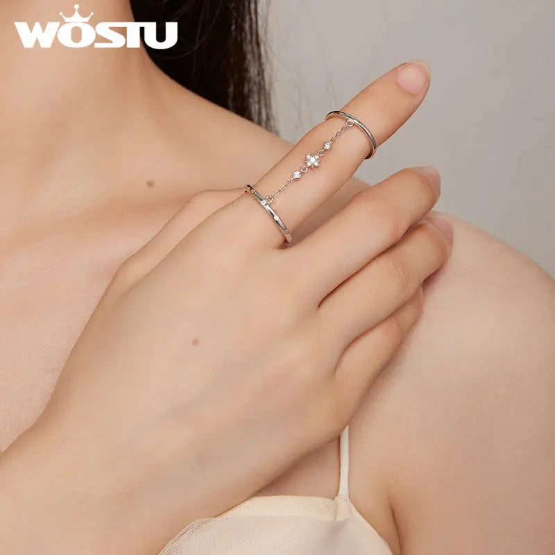 WOSTU Real 925 Sterling Silver Open Chain Ring – Double Circle Link Design for Women | Wedding & Party Jewelry Gift