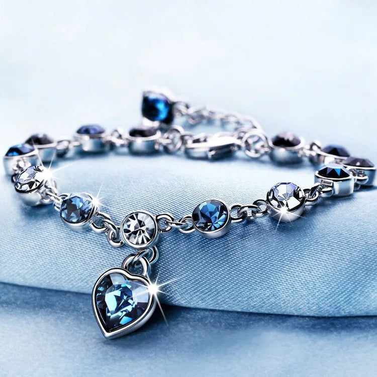 Silver Heart Charm Bracelet – Blue Crystal Lucky Pulsera for Women | Elegant Wedding & Gift Jewelry