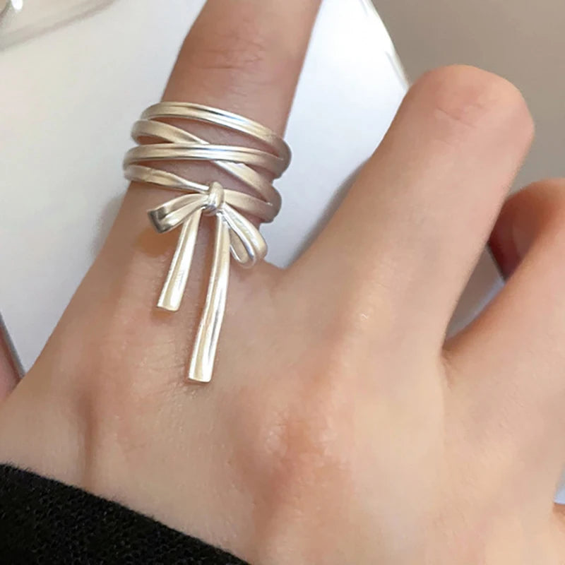 PANJBJ 925 Sterling Silver Bowknot Heart Ring – Adjustable Romantic Minimalist Jewelry Gift for Women