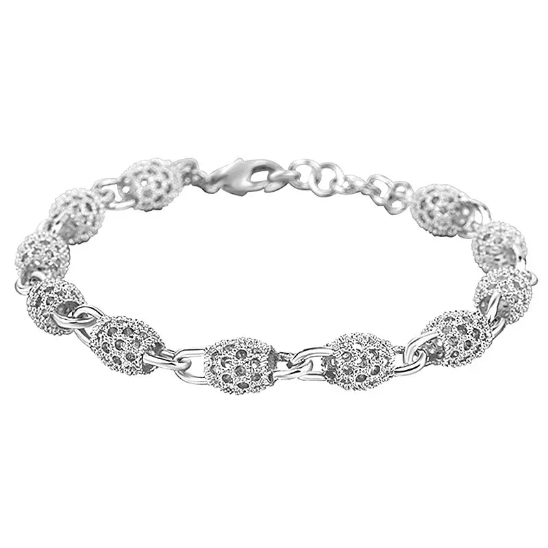 925 Sterling Silver Flower Bead Charm Bracelet for Women | Adjustable Hollow Ball Bracelet | Dainty Wedding, Party Jewelry Gift