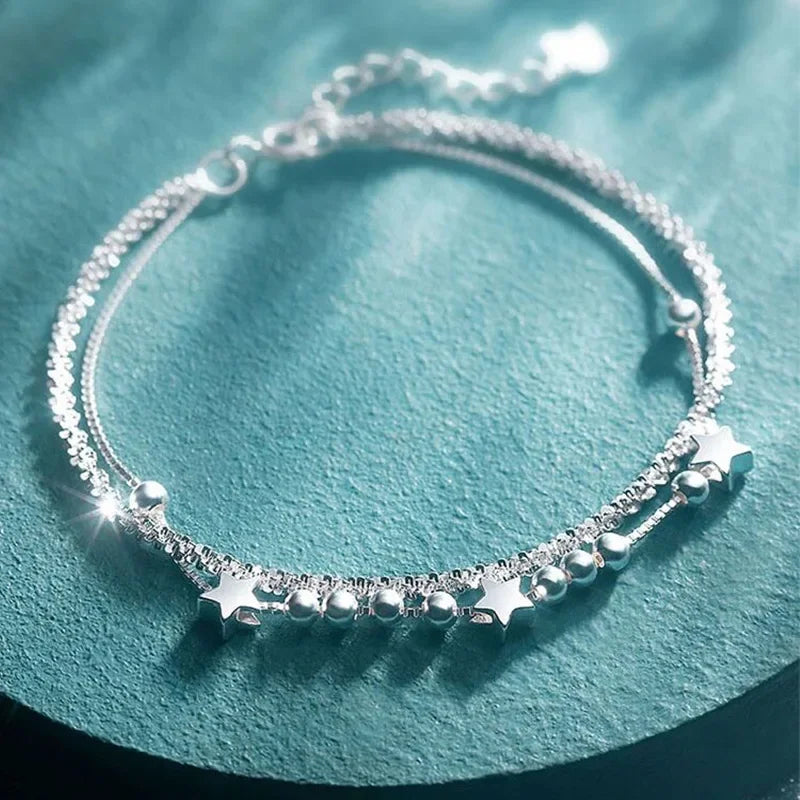 925 Sterling Silver Double Star Crystal Bracelet – Korean Fashion Jewelry for Women & Girls, Wedding & Gift Ready