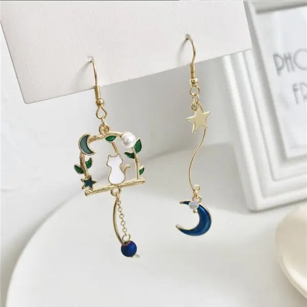 Korean Light Luxury Zircon Moon & Star Asymmetric Stud Earrings – Crystal Cloud Pearl Earrings for Women & Girls
