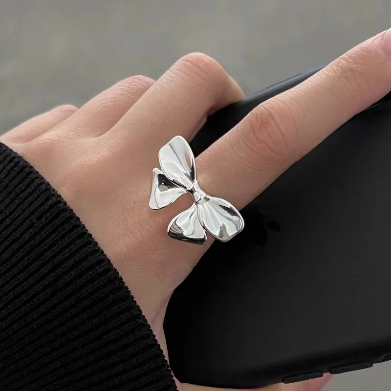 PANJBJ 925 Sterling Silver Bowknot Heart Ring – Adjustable Romantic Minimalist Jewelry Gift for Women