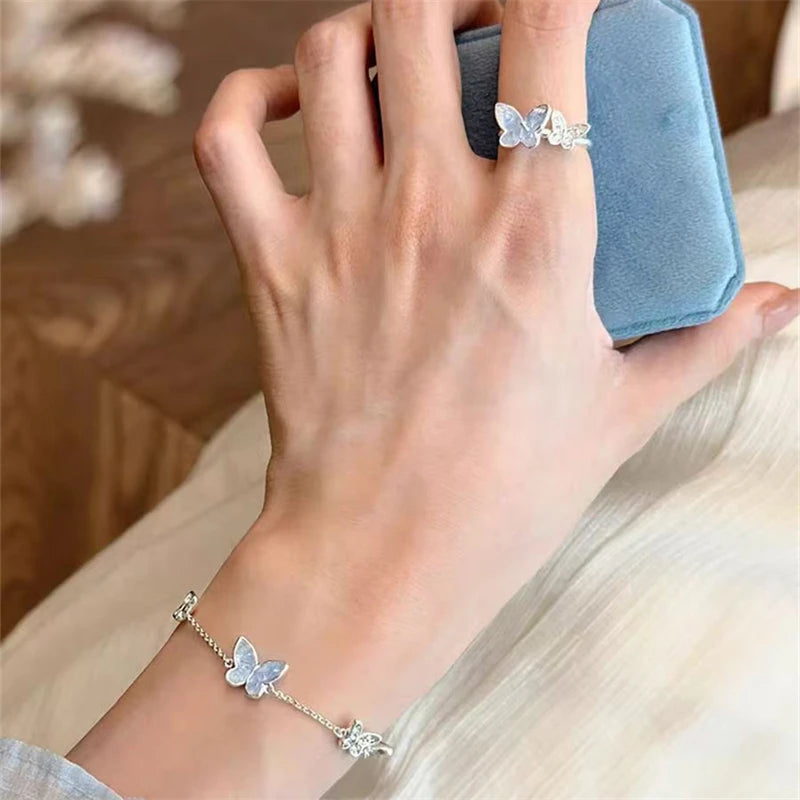 Simple Double Butterfly Blue Rhinestone Necklace Crystal Bracelet Exquisite Earrings Set Ladies Temperament Party Jewelry