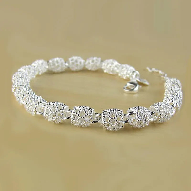 925 Sterling Silver Flower Bead Charm Bracelet for Women | Adjustable Hollow Ball Bracelet | Dainty Wedding, Party Jewelry Gift