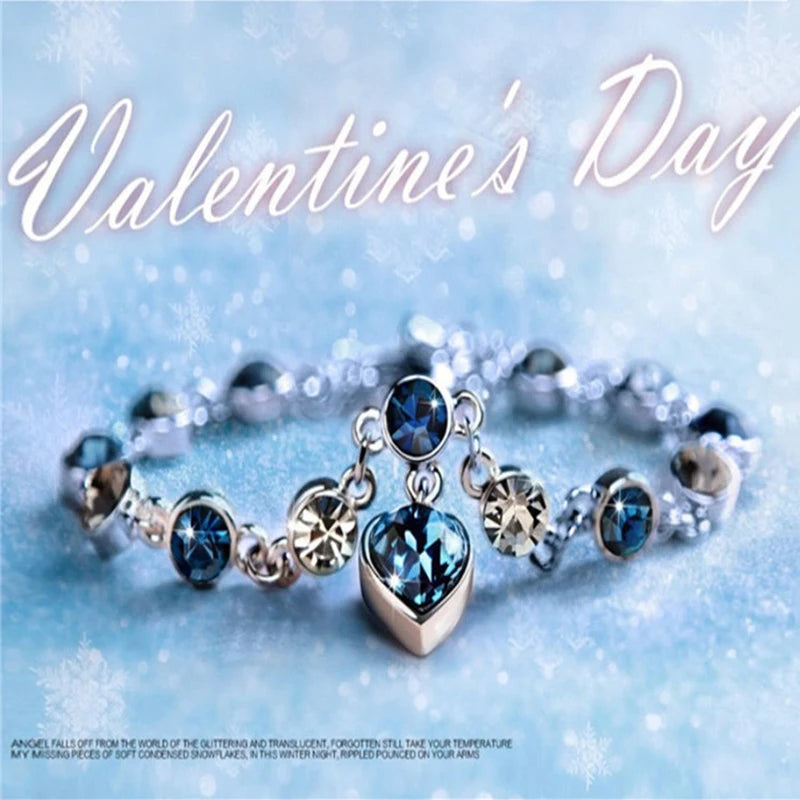 Silver Heart Charm Bracelet – Blue Crystal Lucky Pulsera for Women | Elegant Wedding & Gift Jewelry