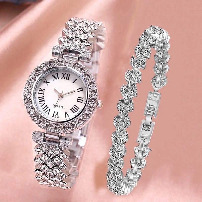 2PCS Women's Rhinestone Quartz Watch & Bracelet Set – Roman Dial Stainless Steel Fashion Gift