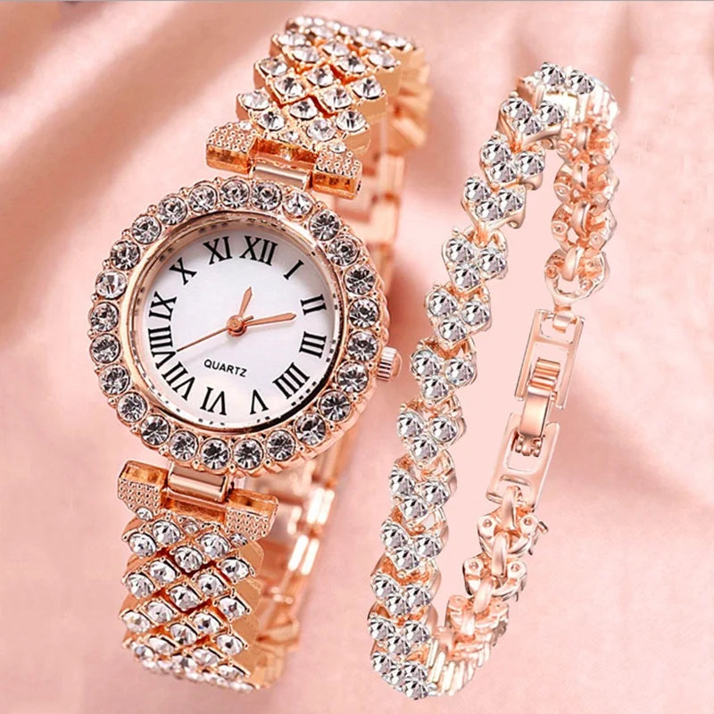2PCS Women's Rhinestone Quartz Watch & Bracelet Set – Roman Dial Stainless Steel Fashion Gift