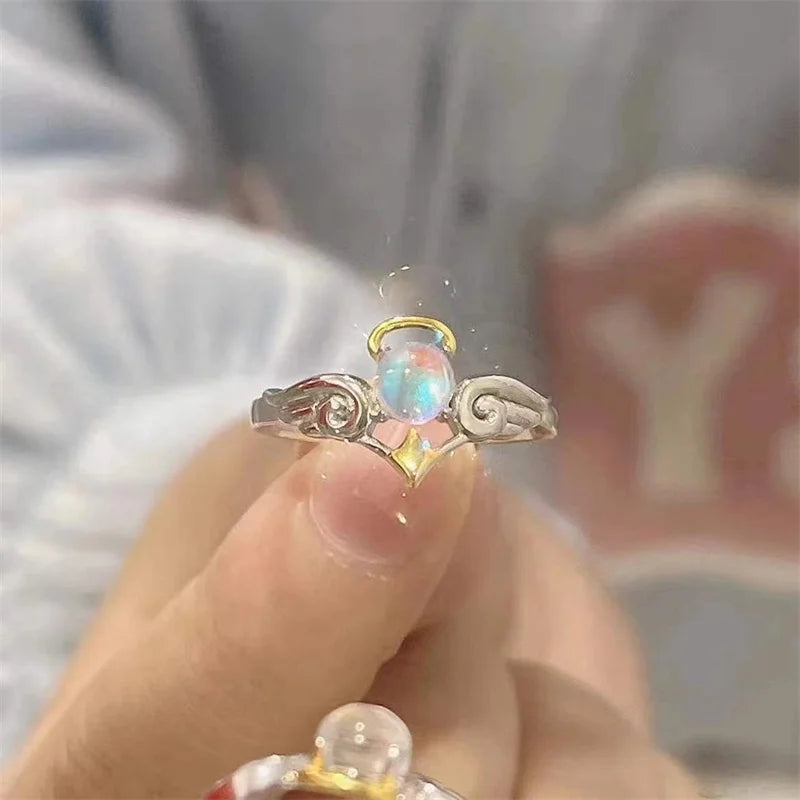 Korean Style Angel Wings Adjustable Ring – Silver Color Rhinestone Finger Jewelry for Women, Party & Birthday Gift