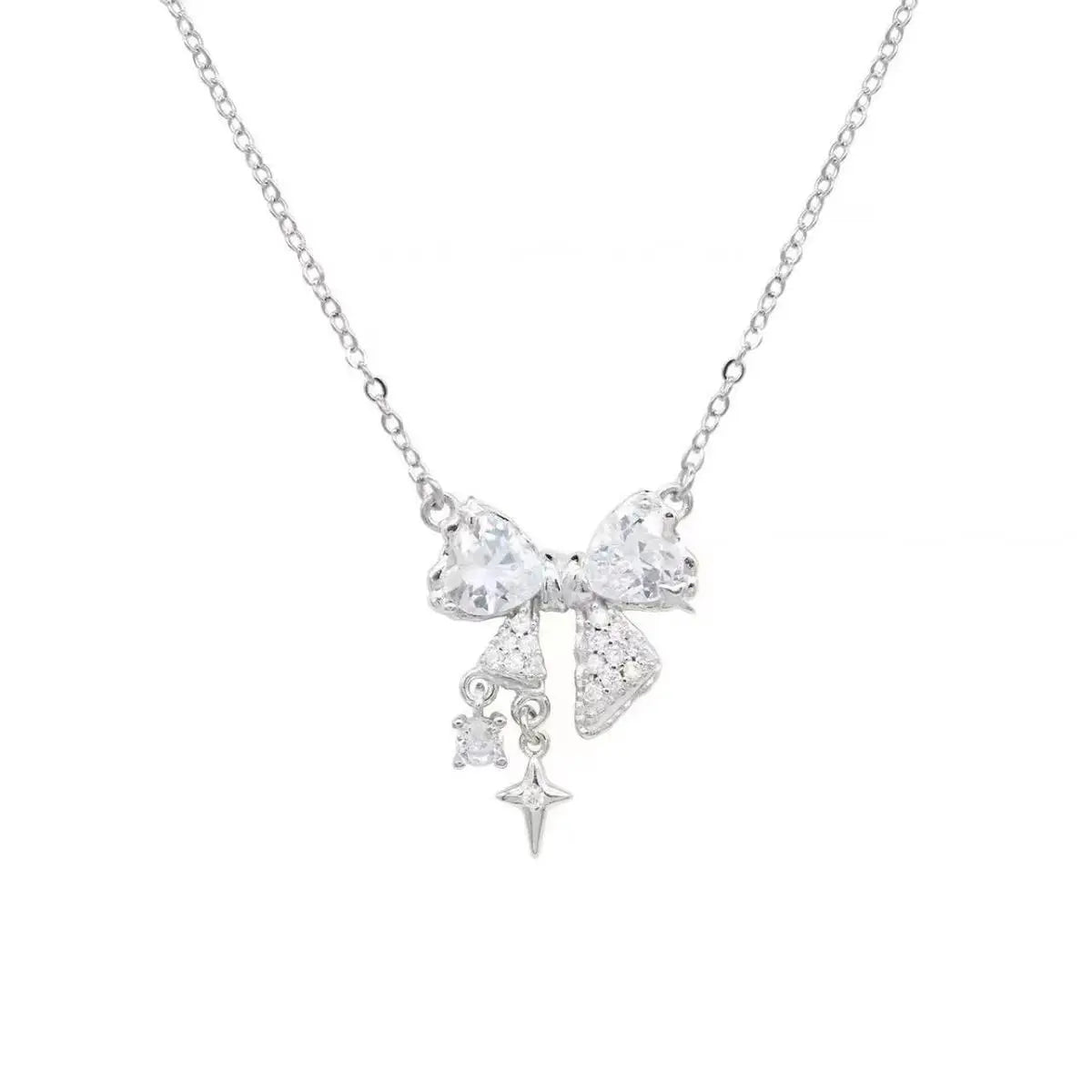 Sweet Pink Bow Necklace – Sparkling Rhinestone Star Pendant Clavicle Chain for Women | Wedding & Party Fashion Jewelry