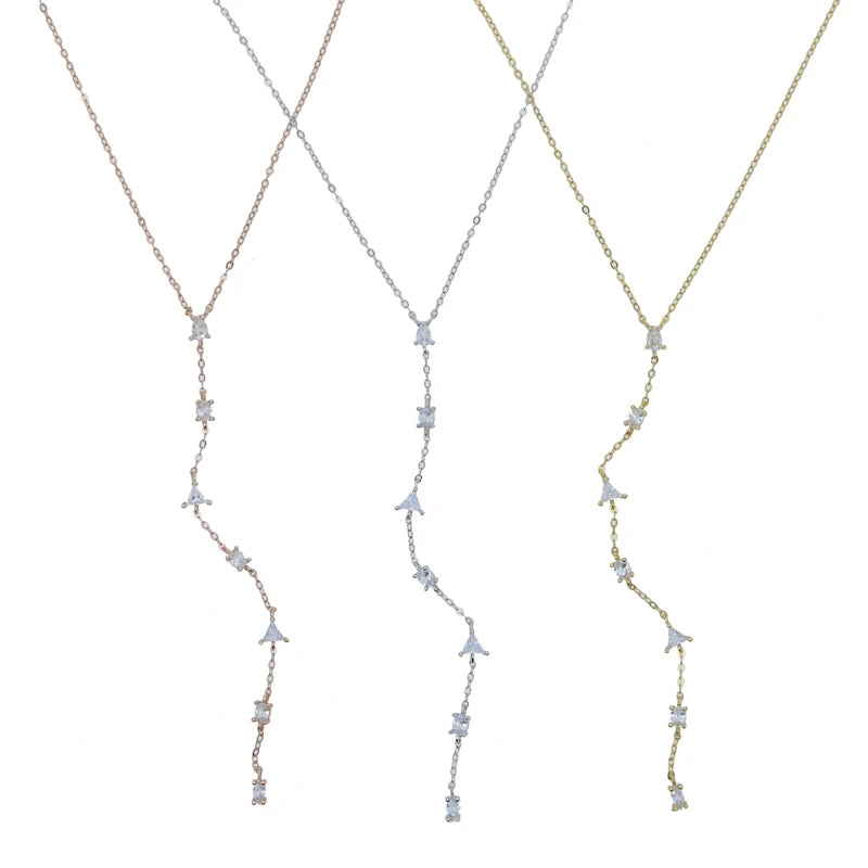 925 Sterling Silver Rose Gold Geometric CZ Y Lariat Necklace – Elegant Long Pendant Chain for Women