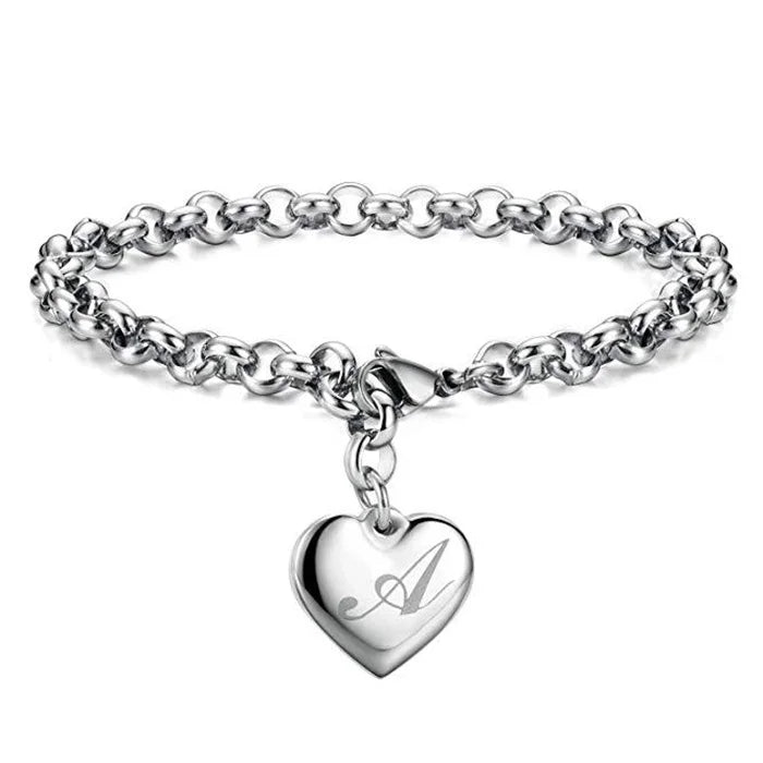 925 Sterling Silver Heart & Letter Charm Bracelet – Elegant A-Z Chain Jewelry for Women | Wedding, Party, Gift