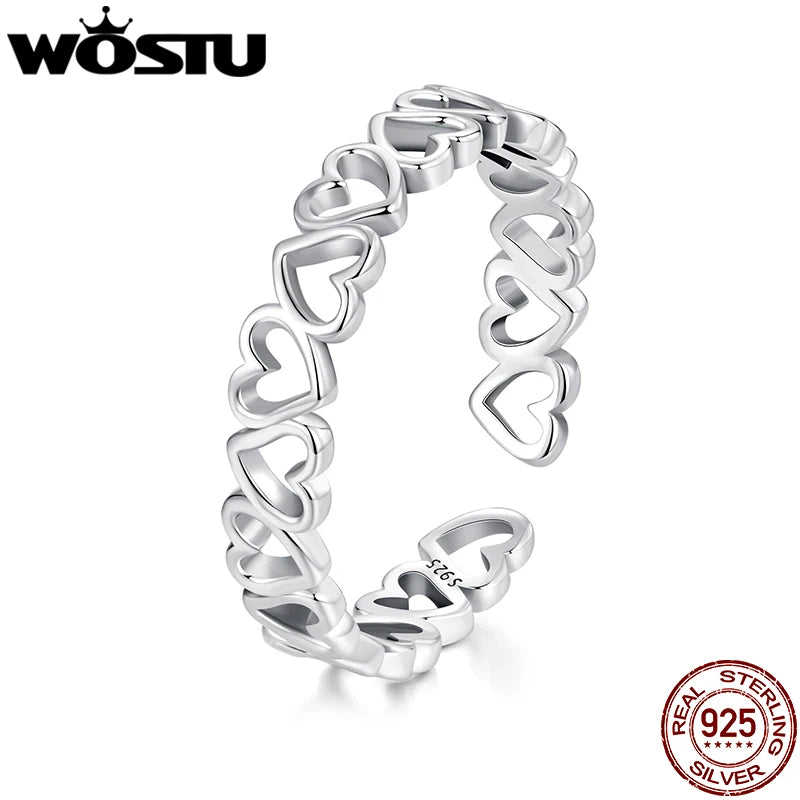 WOSTU 925 sterling Silver Hollow Heart Open Ring Jewelry Lovely Heart-shaped Stackable Rings Gift For Mom