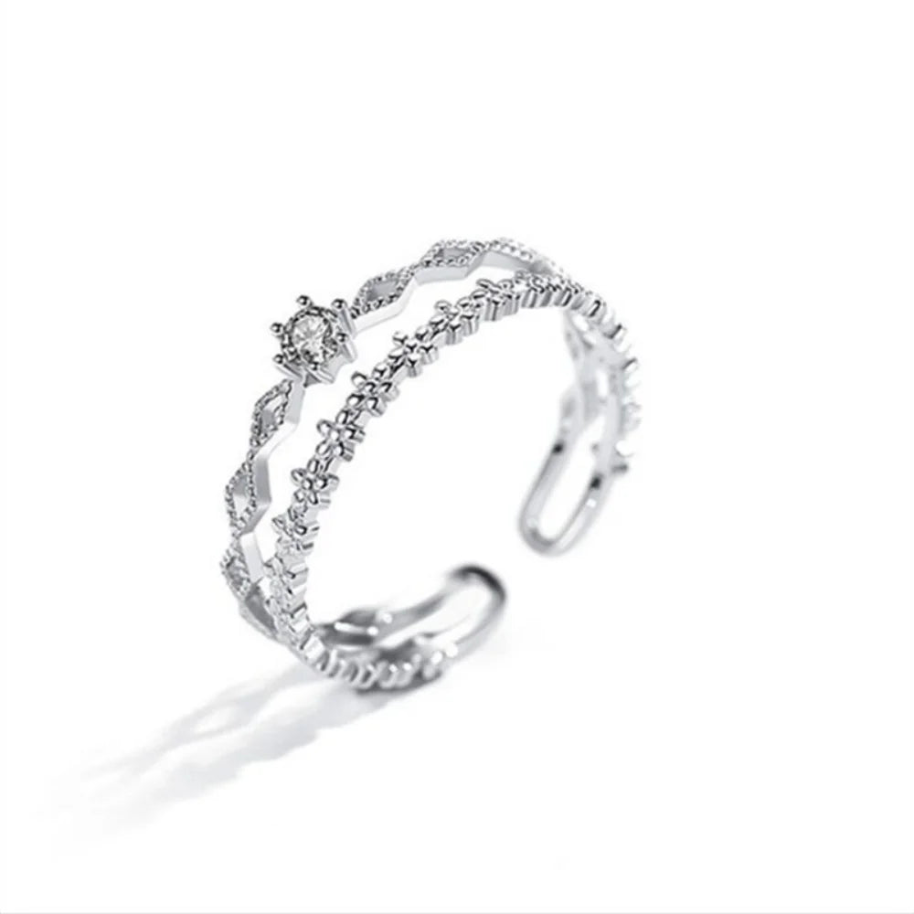 Retro 925 Sterling Silver Double Layer Flower Lace Ring For Women Fashion Adjustable Open Finger Ring Party Daily Wear Jewelry