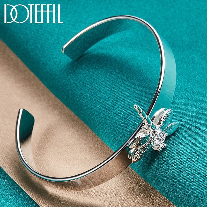 DOTEFFIL 925 Sterling Silver Dragonfly Bangle Bracelet – Smooth Charm Cuff for Women & Men | Wedding, Engagement, Party Jewelry