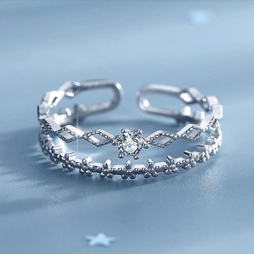 Retro 925 Sterling Silver Double Layer Flower Lace Ring For Women Fashion Adjustable Open Finger Ring Party Daily Wear Jewelry
