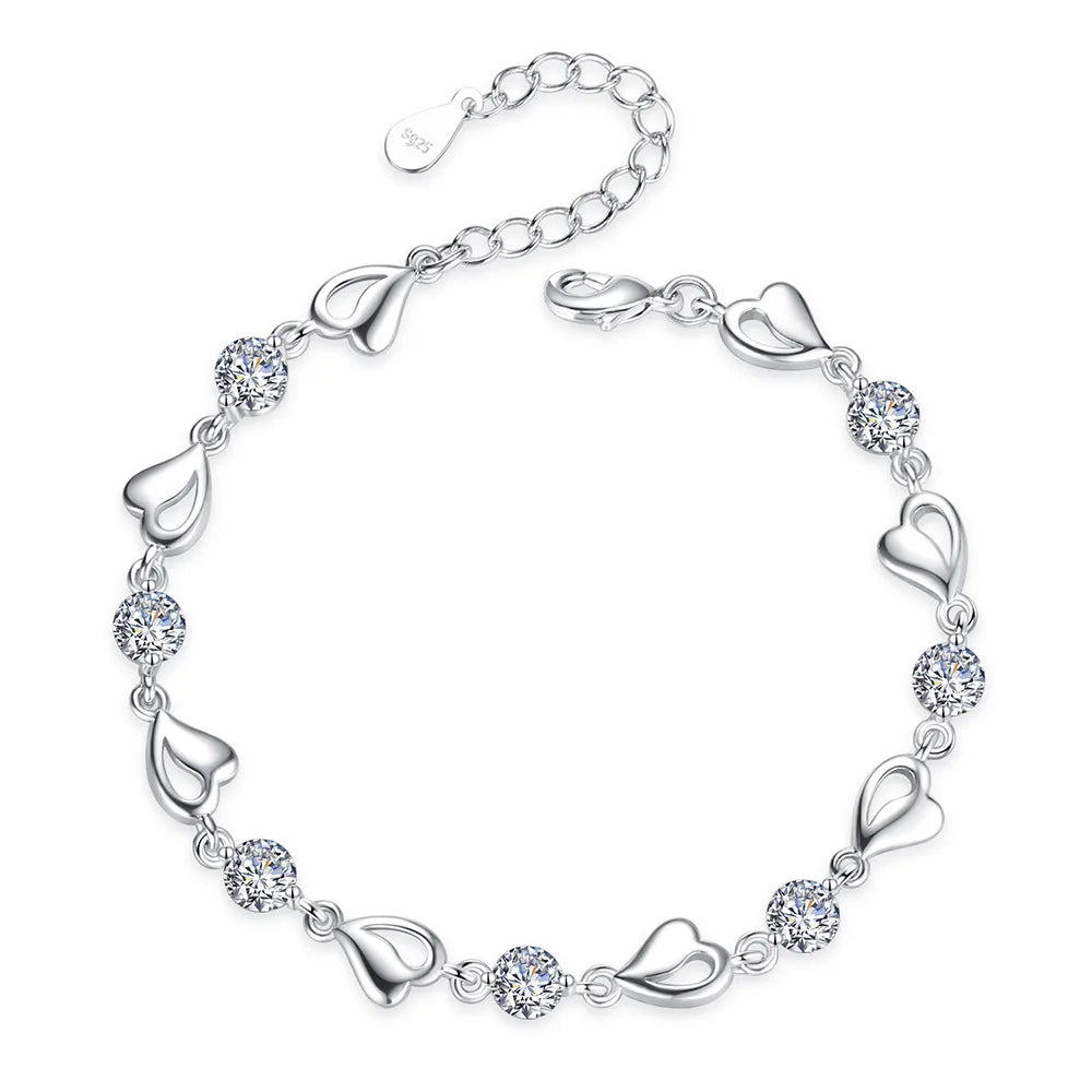925 Sterling Silver Zircon Lovers Heart Shaped Bracelets Crystals For Women Valentines Gift Wedding Party Noble Jewelry